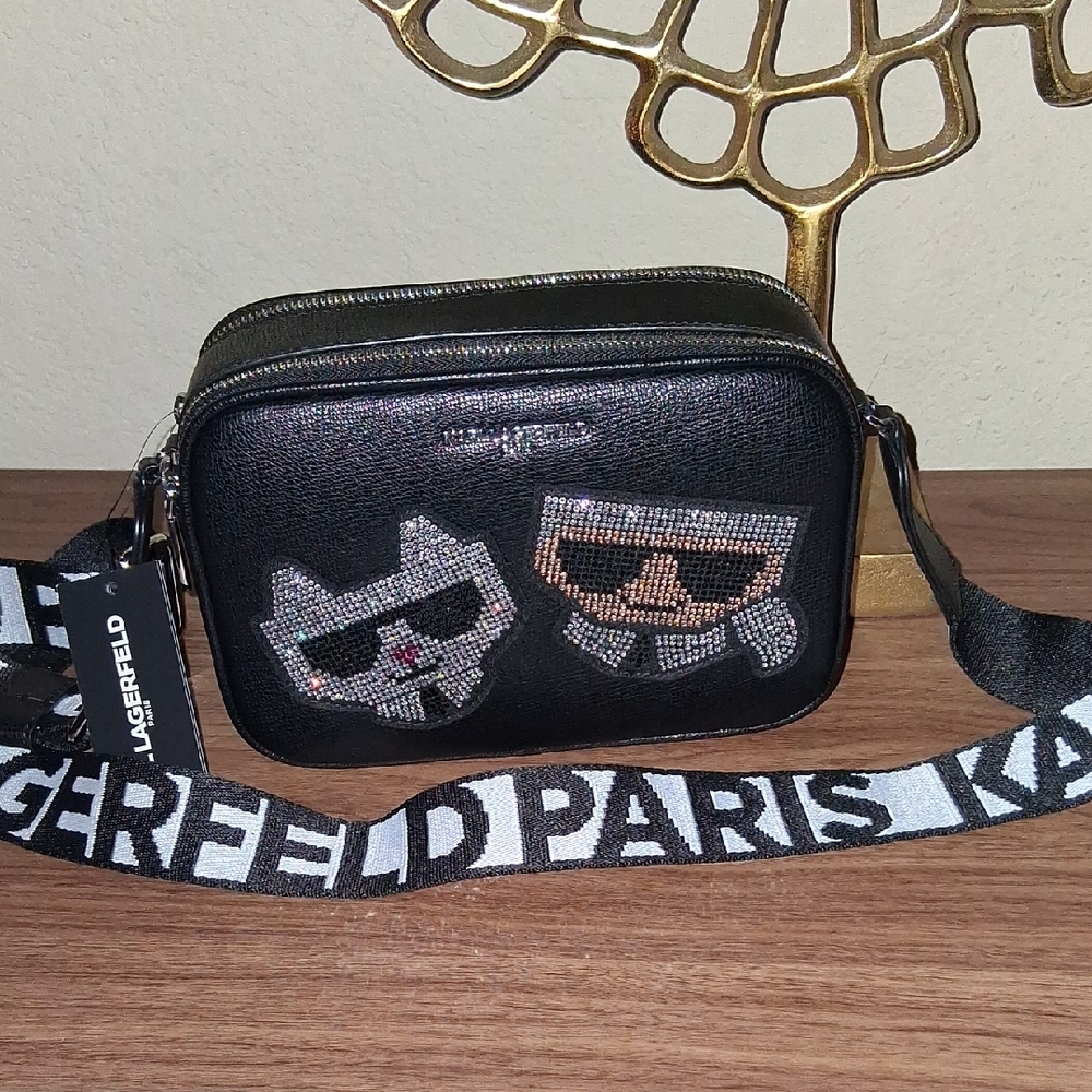 NWT Karl Lagerfeld Black Bag w/Cat and Sunglasses Motif Crossbody Guitar Strap